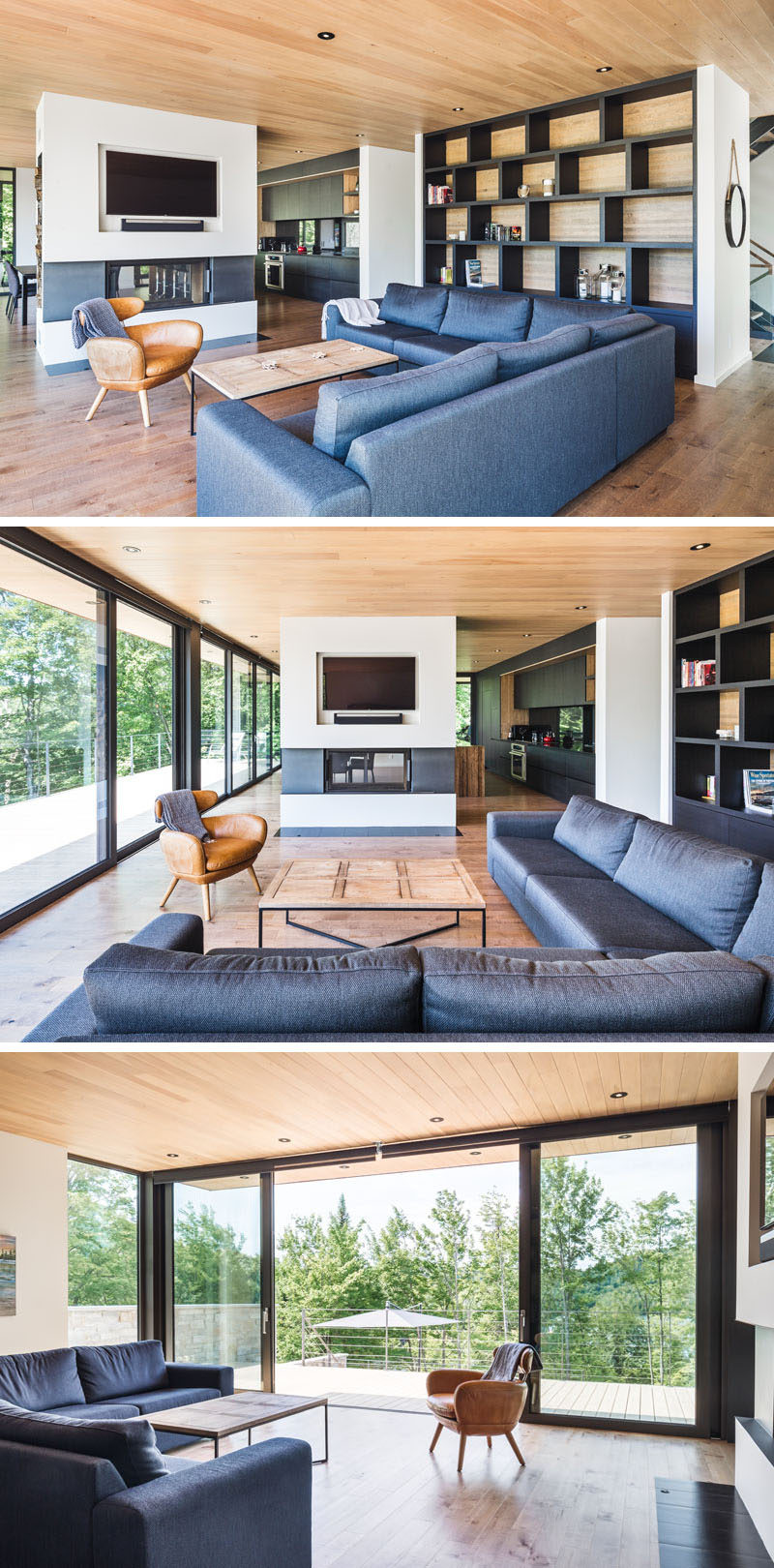 In this contemporary living room, there's a double-sided fireplace with a custom-designed cut-out for the television, and next to the couch is a floor-to-ceiling bookshelf. 