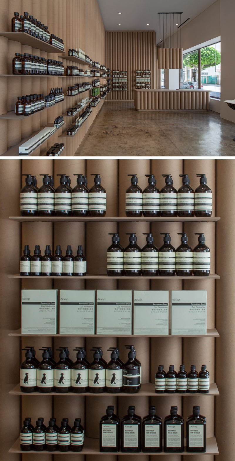 Modern store interior design ideas - Brooks + Scarpa designed this Aesop retail store in downtown LA that features 6 inch cardboard tube walls, furniture and fixtures.