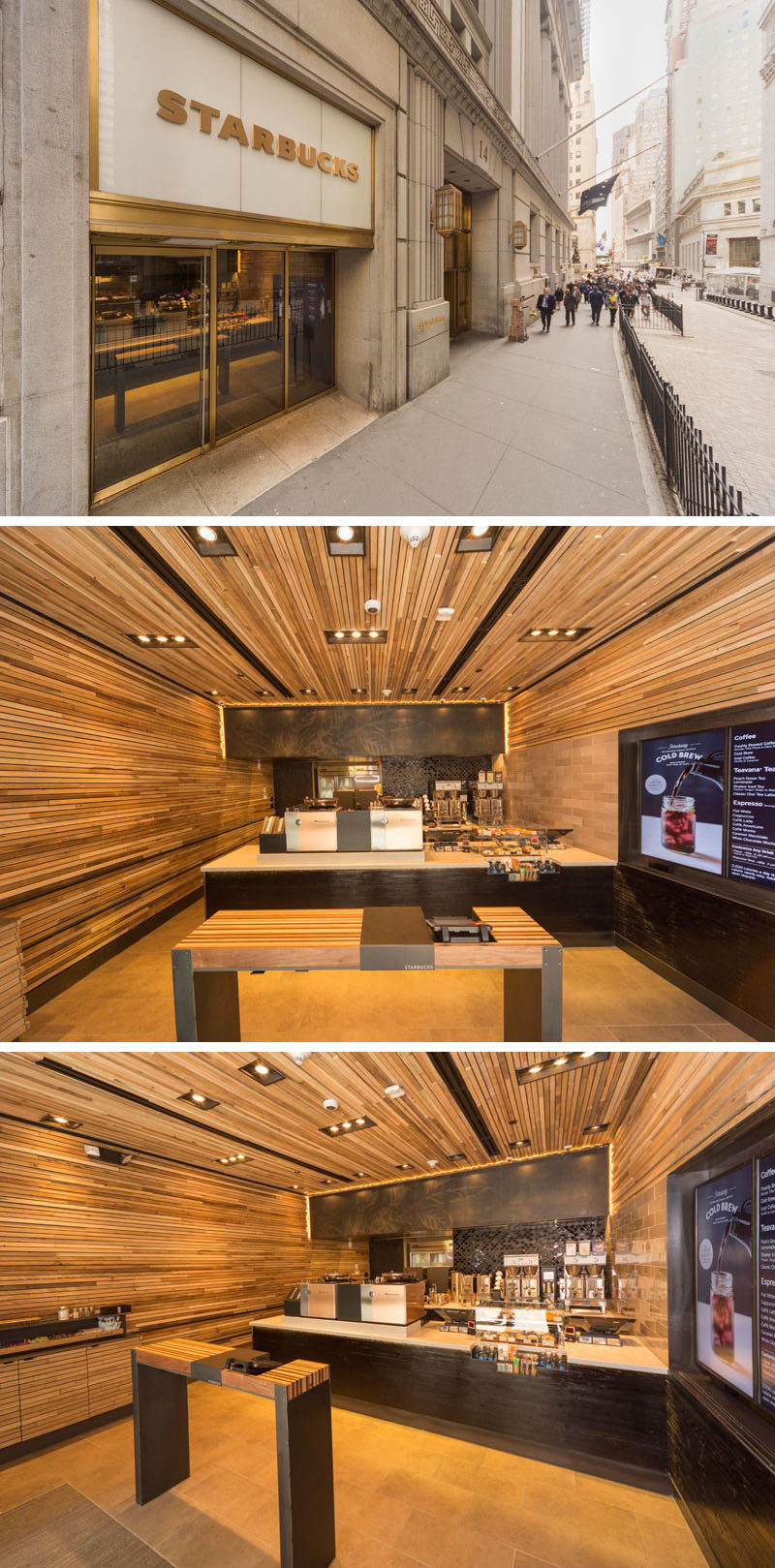 11 Starbucks Coffee Shops From Around The World // This compact Starbucks location on Wall Street in New York City, has streamlined their process to make getting your coffee and snacks that much faster while at the same time maintaining a sophisticated style suitable for it's Wall Street location. 
