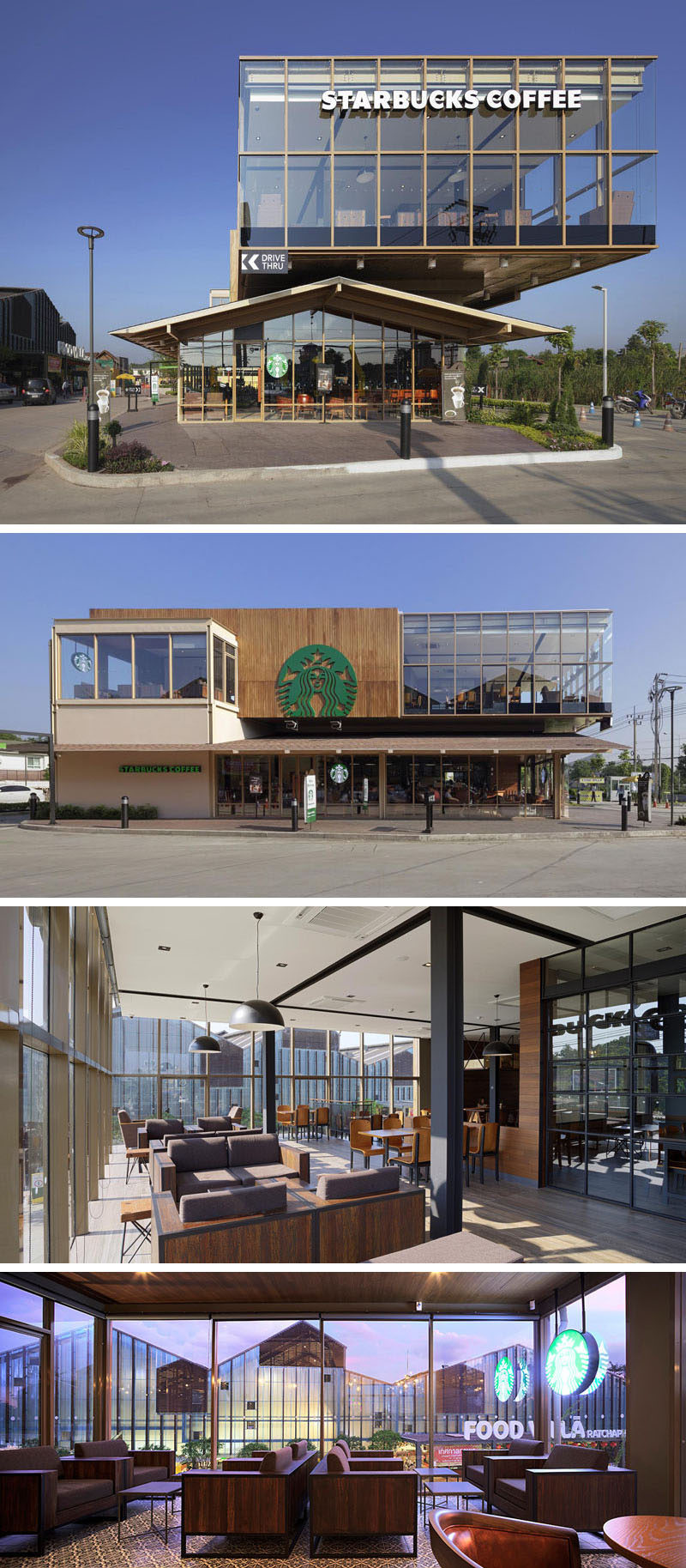 11 Starbucks Coffee Shops From Around The World // This multi-level Starbucks in Bangkok, Thailand took a page out of Thai design books when they designed the steel building with a gable roof on the lower part of the building to be reminiscent of traditional Thai farm houses.