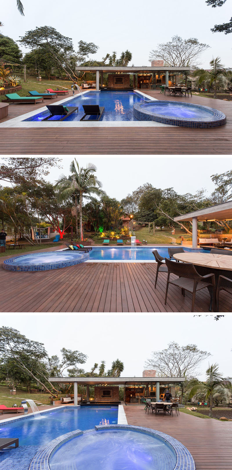 This swimming pool has a large wooden deck that surrounds it and provides plenty of space for outdoor lounging and dining.