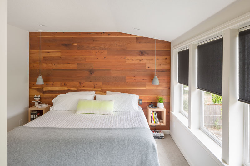 Bedroom Design Ideas ? Wood accent wall behind the bed with floating nightstand