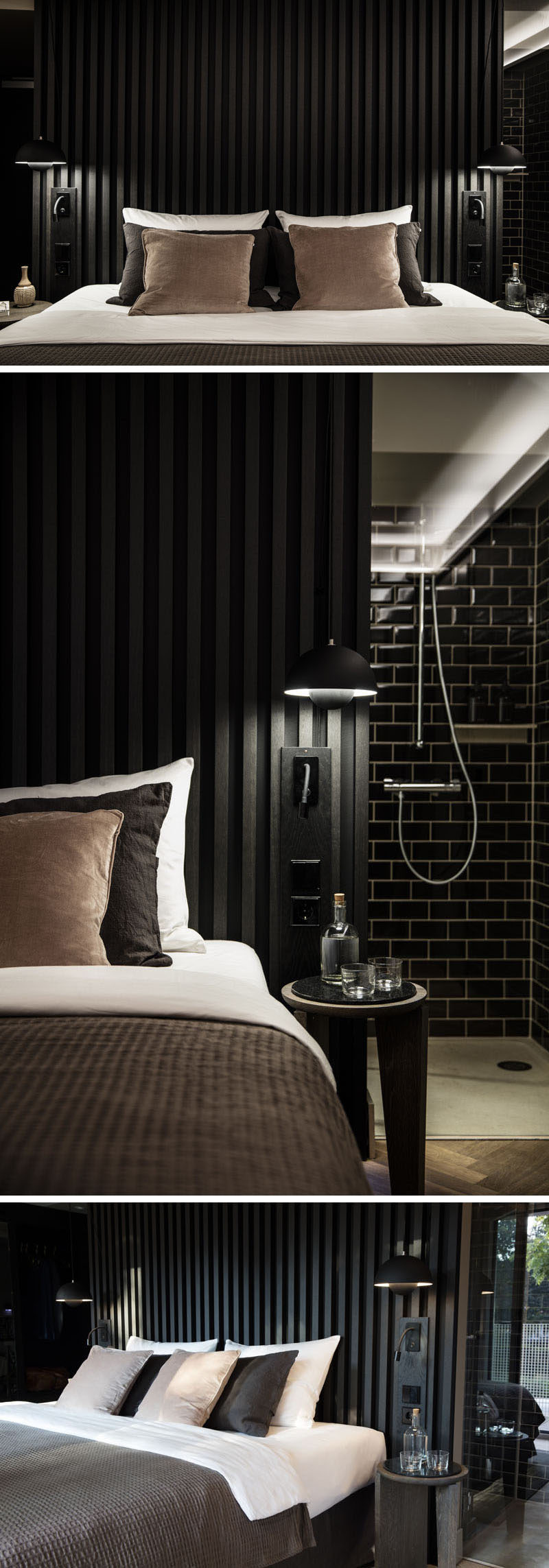 To create a dramatic and dark modern bedroom design, install a black accent wall or headboard like this one, made from black wooden slats.