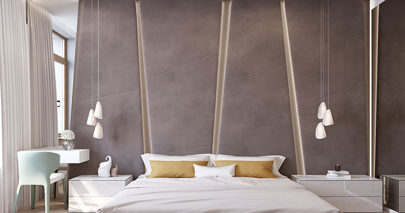 The Angular Upholstered Headboard In This Modern Bedroom Almost