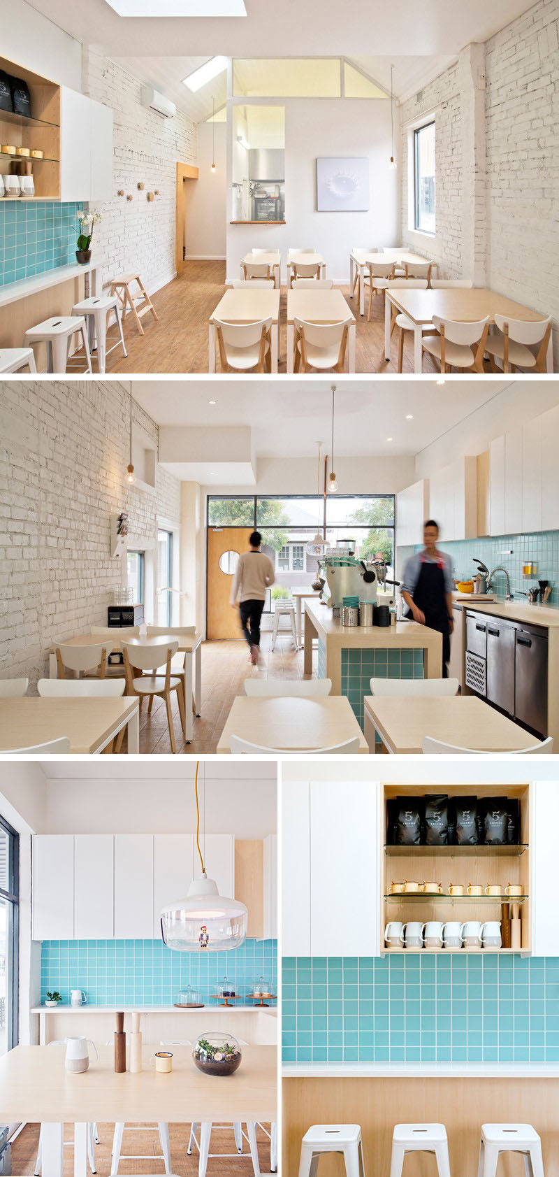 This small modern coffee shop features white painted bricks, light wood furniture, and turquoise tile behind the service bar.