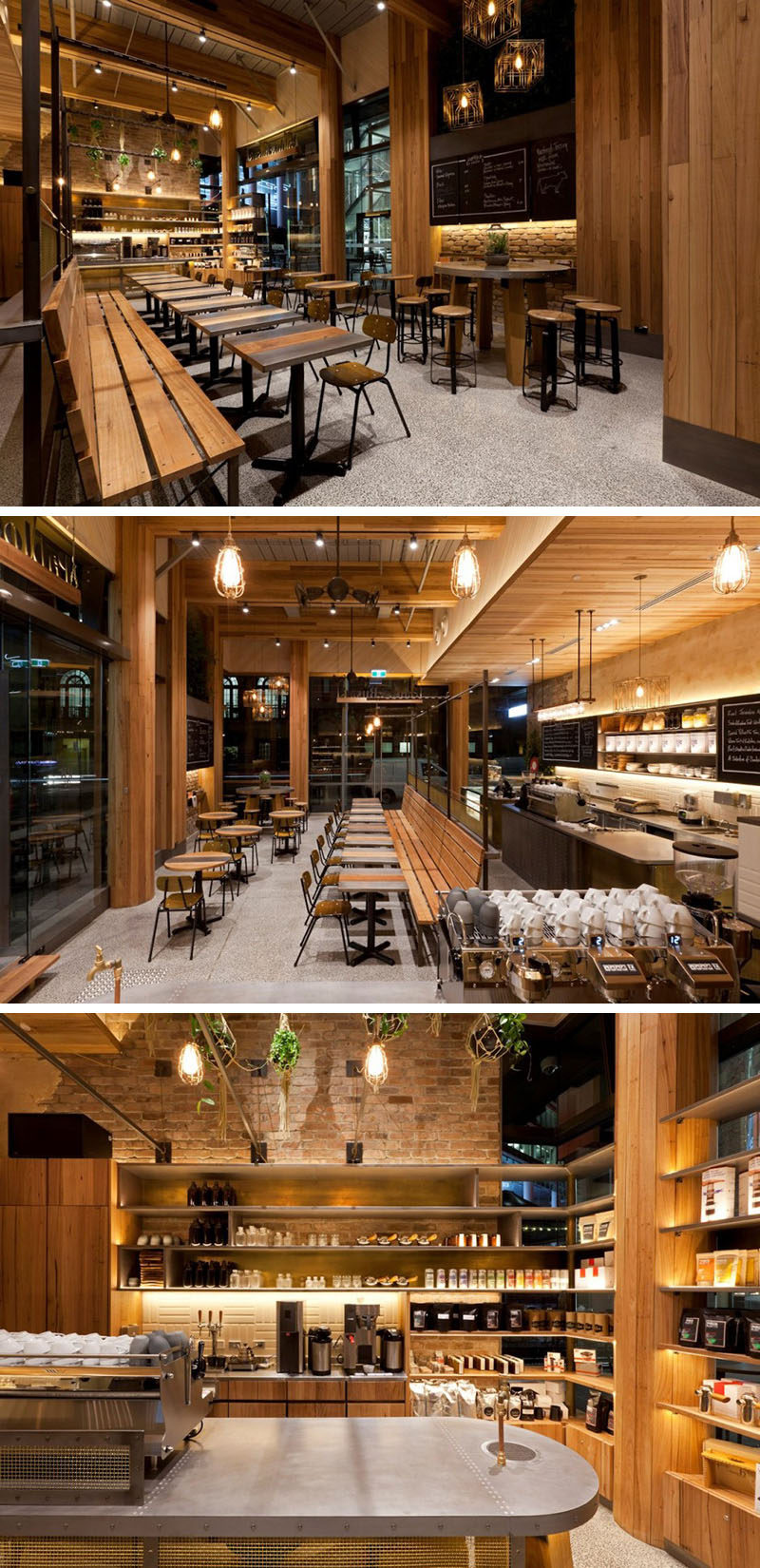 This modern coffee shop features polished concrete, aged brass, reclaimed brick, and wood elements throughout the design.