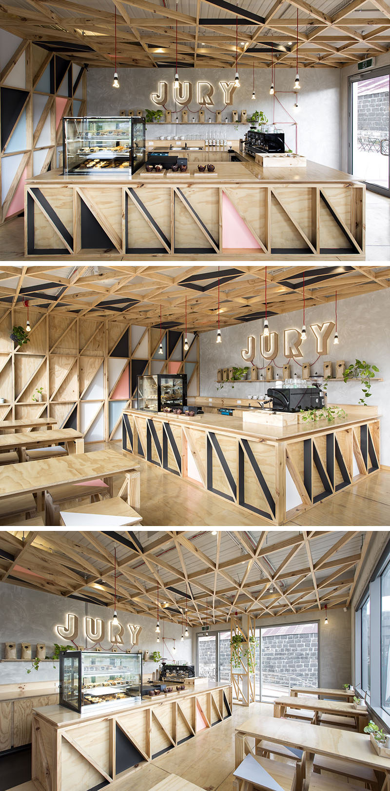 This modern coffee shop has been designed with a diagonal wood pattern on the wall, ceiling and bar front.