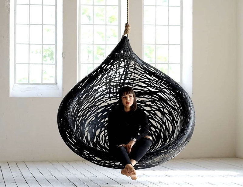 This unique hanging chair design is made from black volcanic basalt fibre