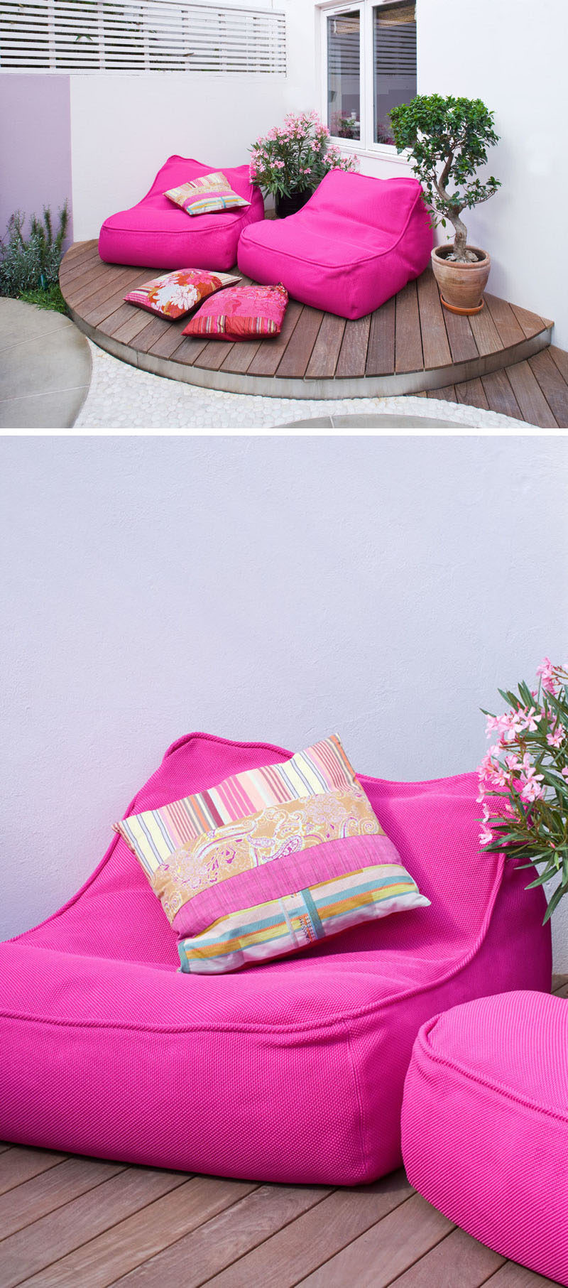 In this modern garden theres a relaxed seating area with soft, bright pink lounge chairs that sit on a raised platform.