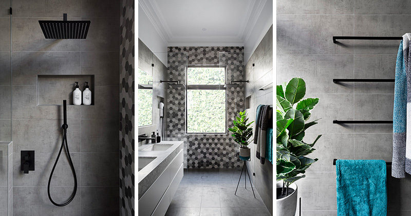 Matte Black Accents Add Sophistication To This Grey And White Bathroom