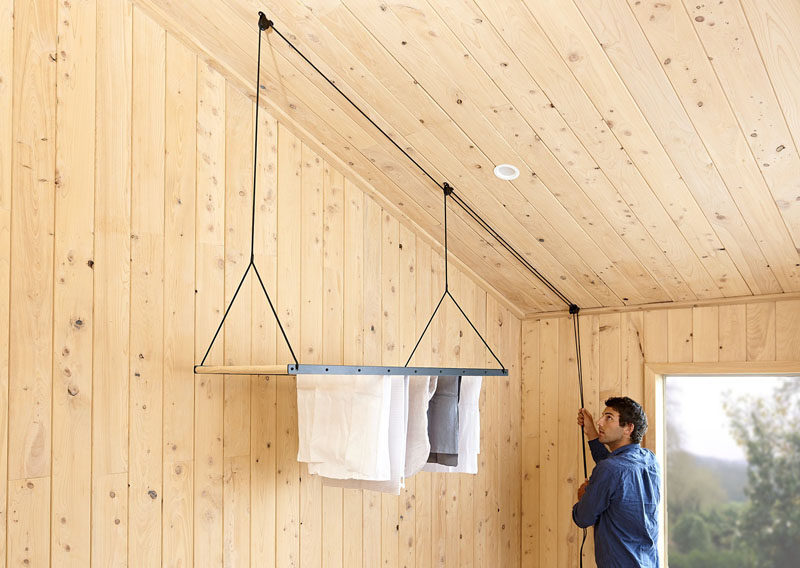 This Hanging Clothes Drying Rack Can Be Raised And Lowered Using A