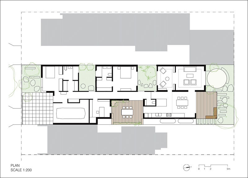 This floor plan shows the layout of a modern house that is broken up into 5 different pavilions.