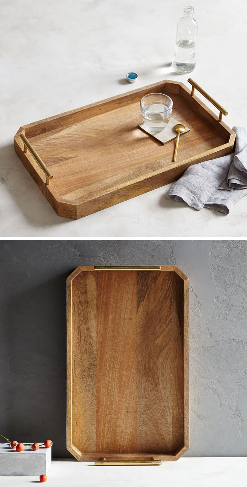 The sides of this wood tray eliminate the worry of things being knocked off, and the bar handles on both sides of the tray make it easy to transport and move when necessary.