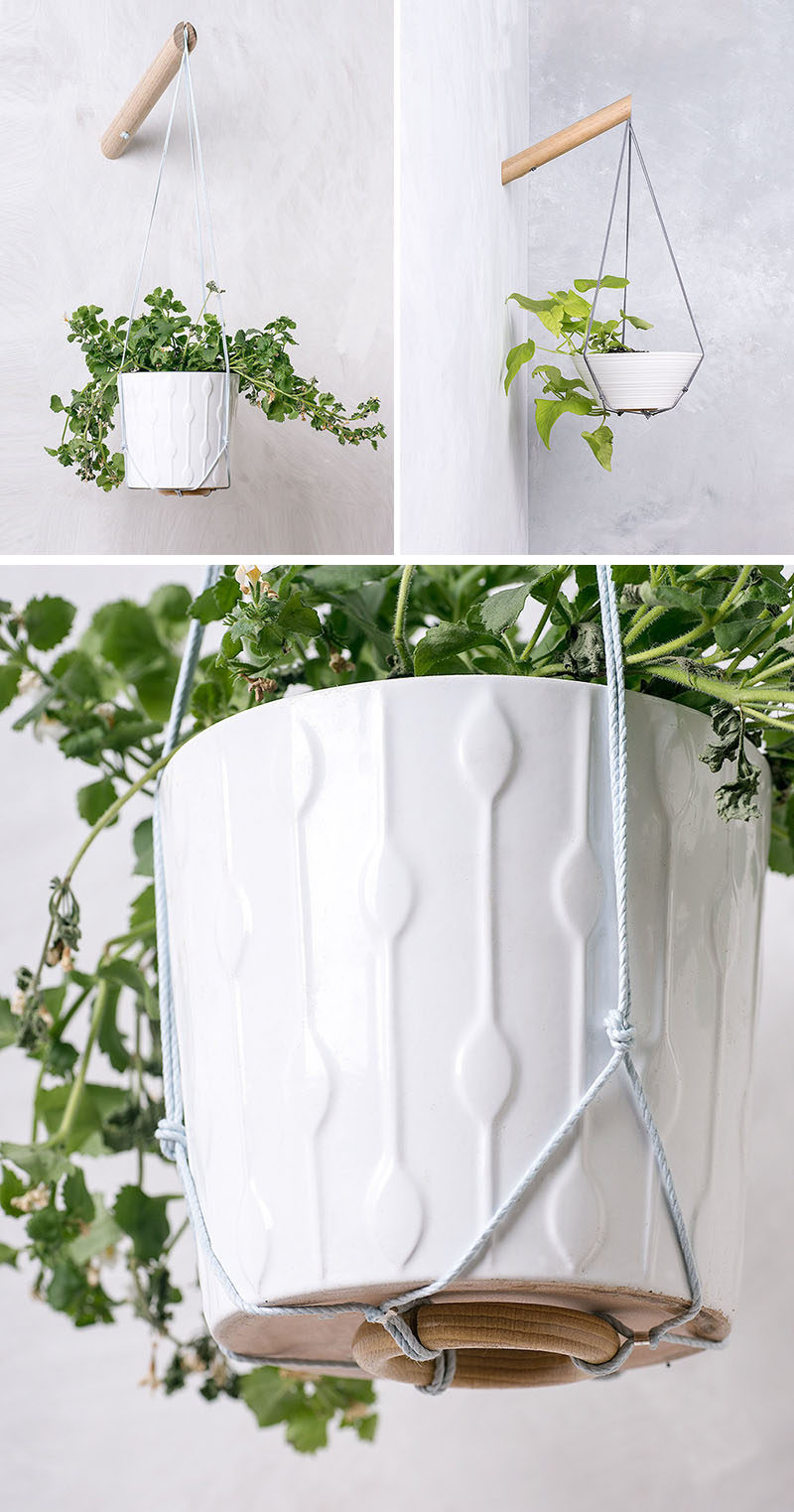 These wall planters allow you have hanging plants wherever you want them simply by attaching them to a wood pole mounted to the wall. #WallMountedPlanters #WallPlanters #Decor #HomeDecor #Plants #Gardening