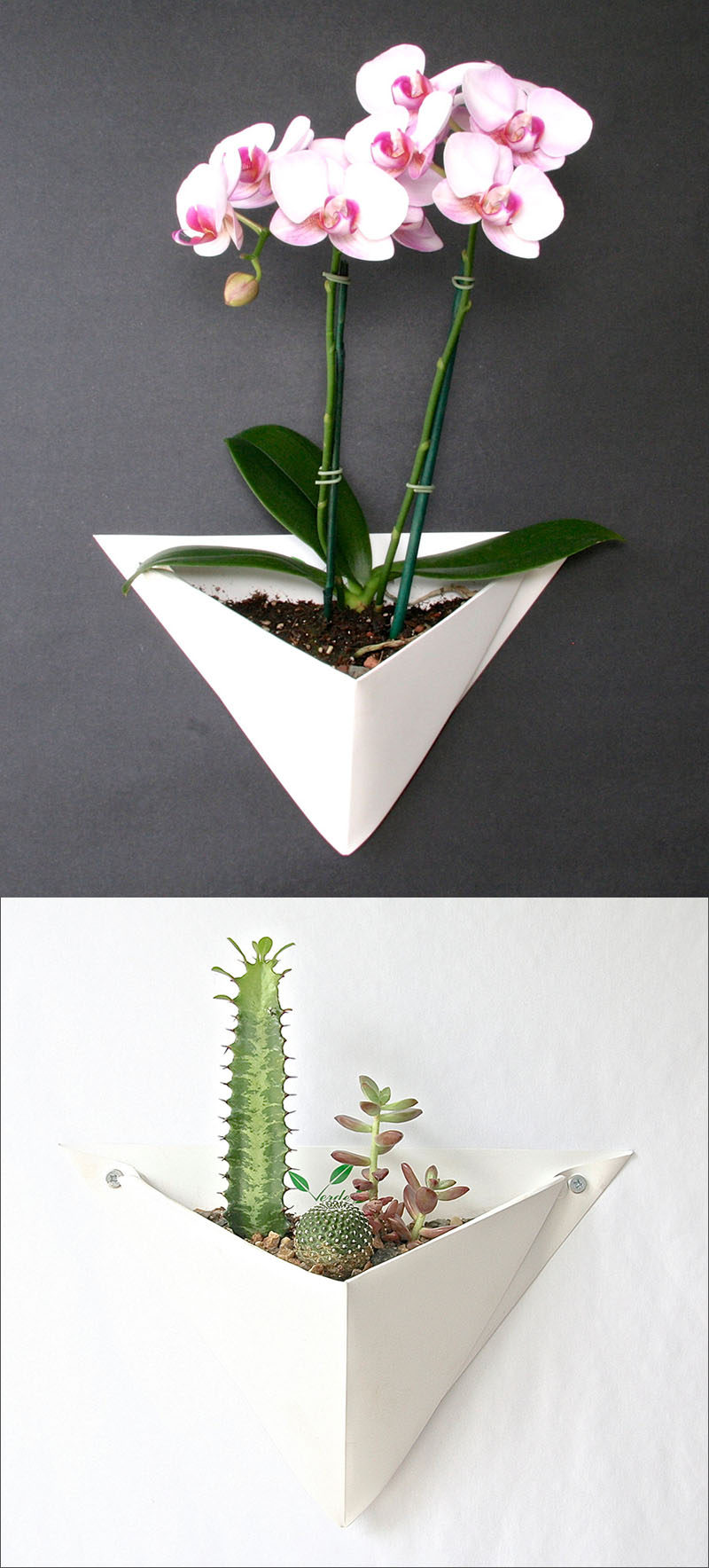 Made from folded sheet metal, these white origami-inspired wall planters create the perfect home for a small succulent garden, a large air plant, or even an orchid. #WallMountedPlanters #WallPlanters #Decor #HomeDecor #Plants #Gardening