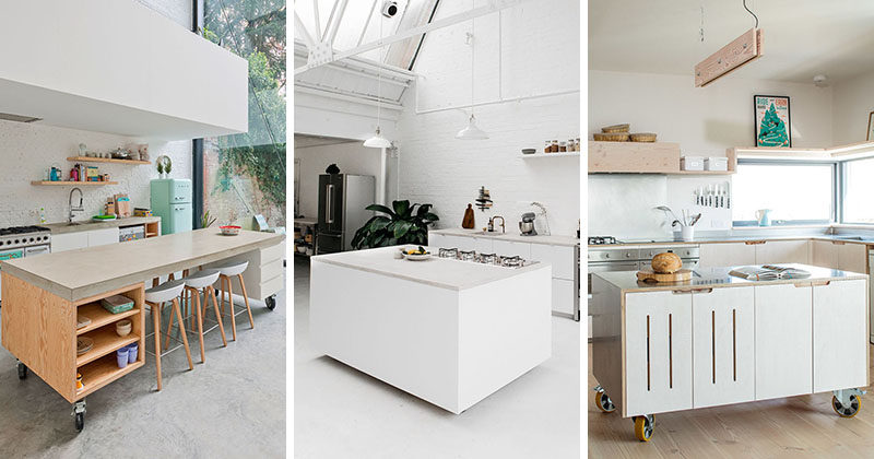 Here are 8 examples of movable kitchen islands with wheels in a variety of materials, that make these modern kitchens more versatile and convenient.