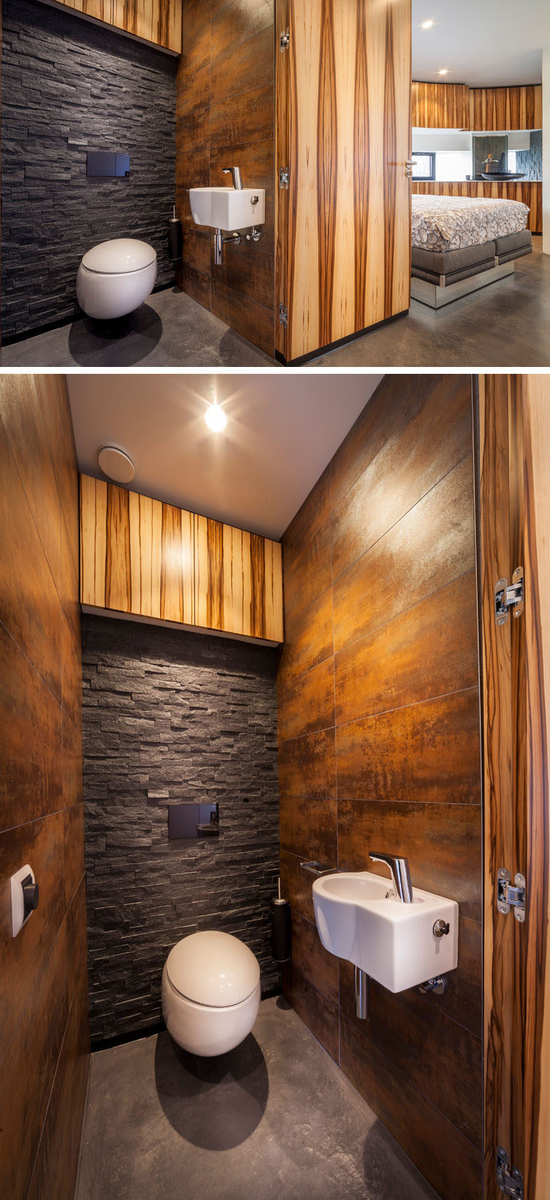 This small bathroom features metal, wood and stone walls, and a door made from the same wood material used to cover the walls of the home allows the bathroom to disappear from sight when the door is closed.