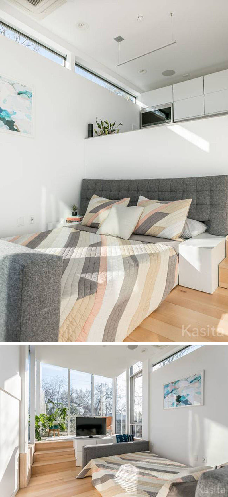 In this modern tiny house, the couch in the living room can be transformed into a queen-size bed by simply extending it out. Part of the couch frame now becomes bedside tables.