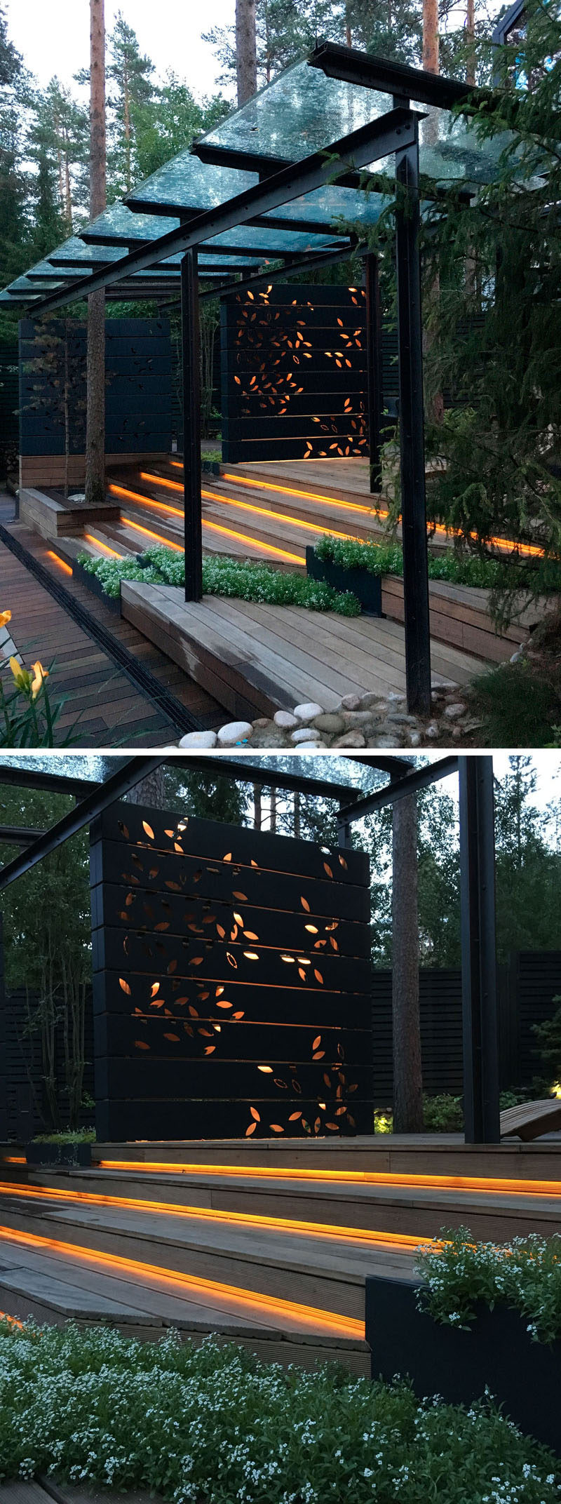 This gym has an landscaped outdoor area with hidden lighting under the steps, built-in planters, and a decorative screen that has an artistic leaf pattern that lights up.
