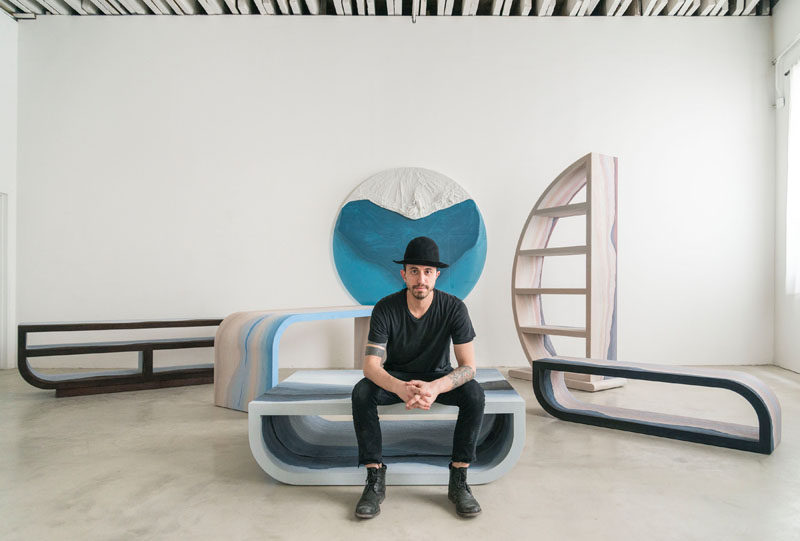 Designer Fernando Mastrangelo has created the Escape Collection, a group of modern furniture pieces that are made using hand-dyed sand and silica to create simple forms that look like a three-dimensional landscape painting.