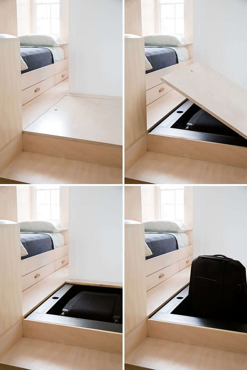 В этой современной платформе кровати, есть скрытые хранения в ступеньках, идеально подходит для небольшого чемодана.