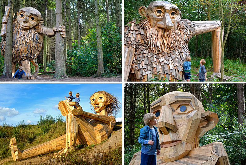 Hidden in the forest on the outskirts of Copenhagen, Denmark, are six large recycled wood giants by artist Thomas Dambo, that can be found via a treasure map.