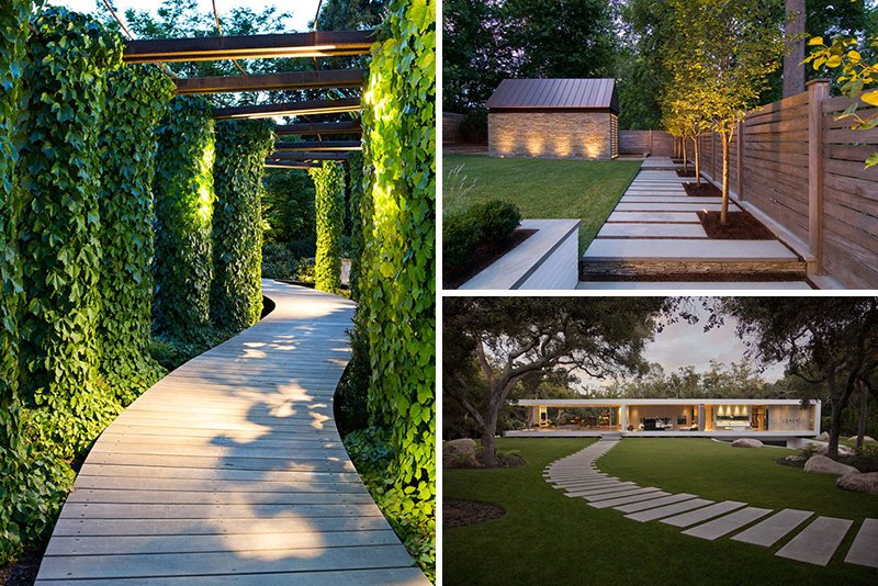 These are 14 examples of modern backyard walkways and paths with creative elements of landscape design which connect or divide yards.