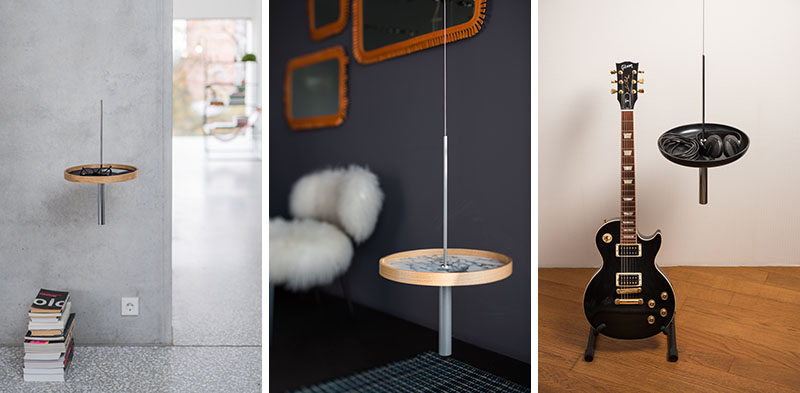 Design studio PIKKA have created a collection of modern wood side tables (or shelves), that hang down from the ceiling.