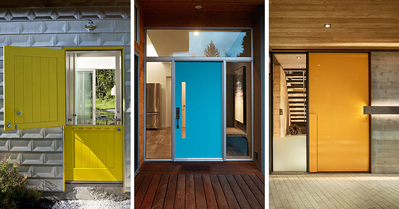 These modern front doors are unique and painted in different vibrant colors that make the houses stand out. 