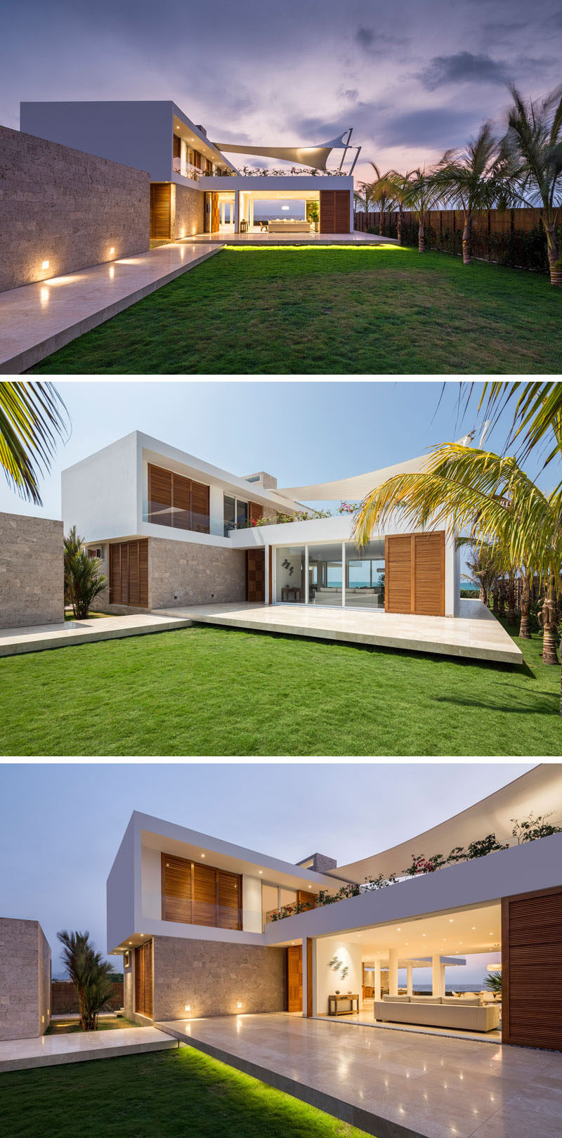 This modern beach house has a stone walkway that brings you to the front of the home where you can enter through the front door or the sliding patio doors. The patio can be enclosed by glass doors, and for extra security when the home owners are away and to protect the interior from the sun, wood brise-soleils covers slide over the glass doors.