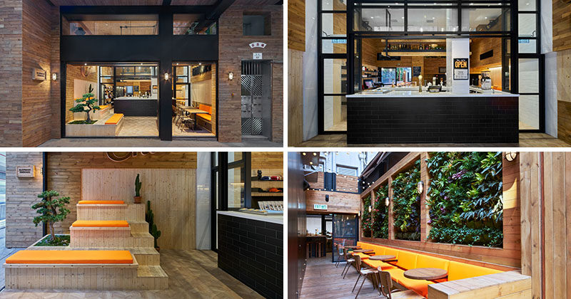 Dual-toned pine timber, plants, antique industrial factory lights, and modern decoration throughout make this modern coffee shop a vibrant addition to the neighborhood.