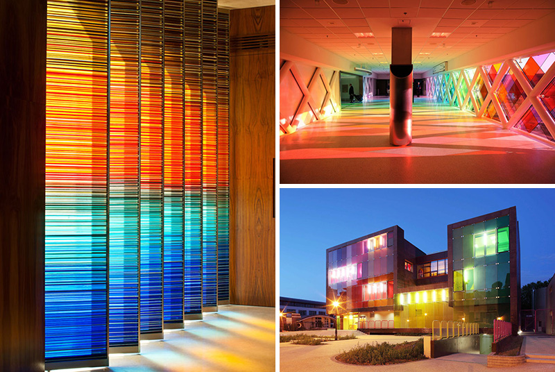 Colored glass is often found in older buildings with stained glass windows, but these 10 examples show that colored glass can be used as a decorative element in a modern interior or building.