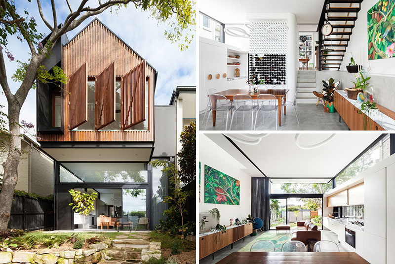 Day Bukh Architects have designed an extension to a semi-detached house in Sydney, Australia. The rear extension with wood slats cantilevers away from the house and provides shade for the small patio below.