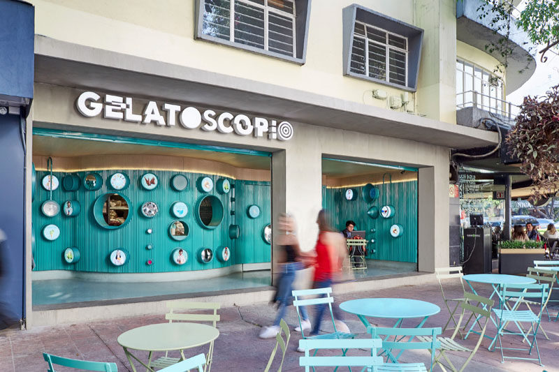 Esrawe + Cadena have designed Gelatoscopio, an fun and brightly colored modern gelato shop in Mexico, that features a curved teal blue interior, and is open to the outdoors.