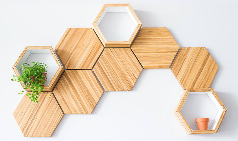 ChopValue have created Recycled Chopstick Honeycomb Shelves. These handmade, modern, hexagonal wood wall shelves and tiles offer a unique accent to any wall. 