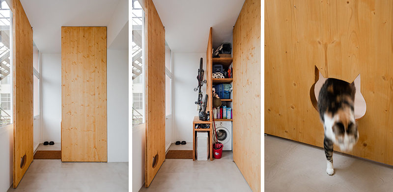 This Storage Closet Has A Cat-Shaped Opening So The Cat Can Reach Its Food Bowls On The Other Side