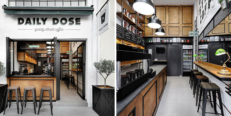 Andreas Petropoulos has recently completed the design of Daily Dose, a small takeaway coffee bar in the city of Kalamata, Greece, that features a white, black and wood interior.