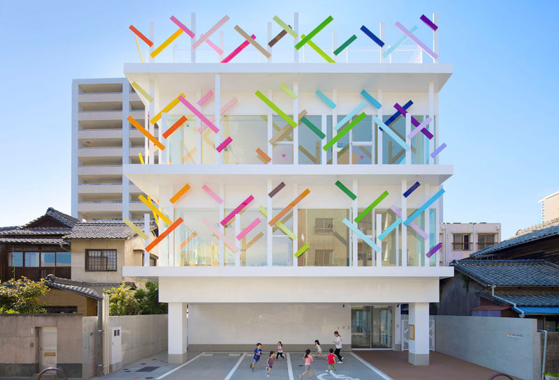 emmanuelle moureaux architecture + design have recently completed Creche Ropponmatsu, a new colorful kindergarten located in a residential area in Fukuoka city, Japan.