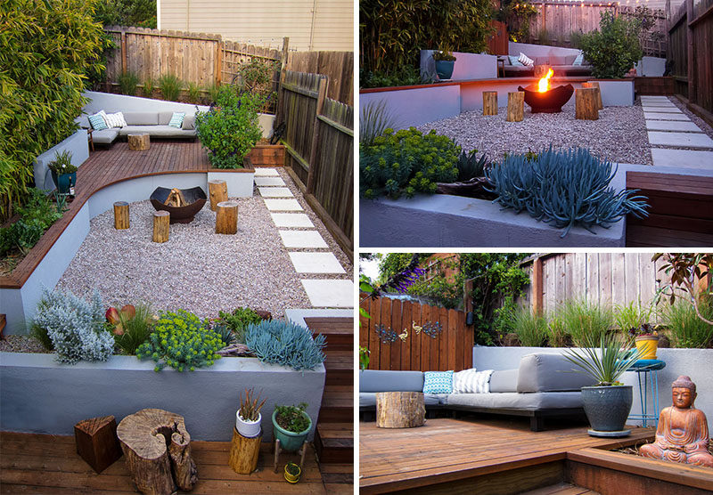 This modern landscaped backyard has a raised outdoor lounge deck, a wood burning firepit, succulents, bamboo and a vegetable garden.