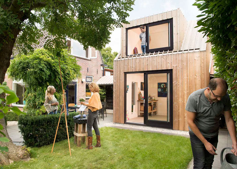 Architecture firm Open Kaart worked together with their clients to transform and old shed into a private and modern painting studio in the backyard of their house in Woerden, The Netherlands.