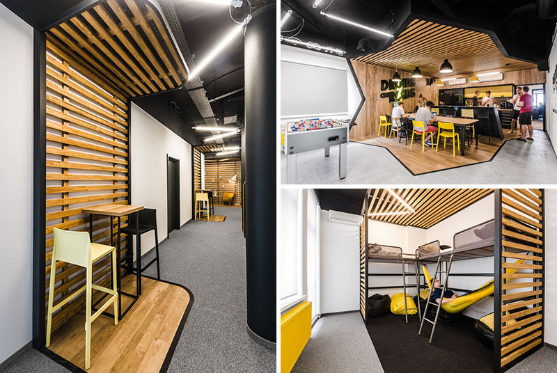 mode:lina architekci have recently completed a new office in Wroclaw, Poland, for Droids On Roids, a tech company. The design of the office takes inspiration from their logo, and throughout the space there's references to the color and the lightning bolt.