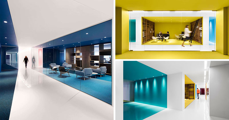 This contemporary and open-concept office design is mostly white, however bold pops of color have been used to define various areas throughout the interior. #Workplace #OfficeDesign #InteriorDesign #Office #Colors