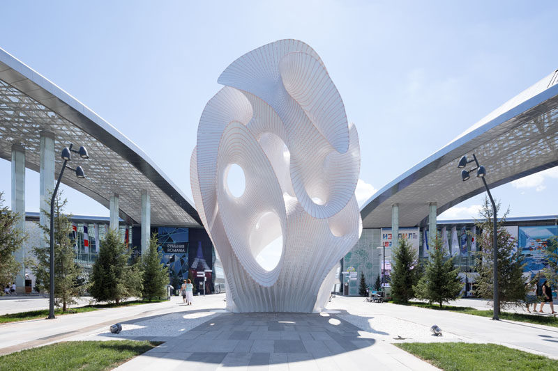 MARC FORNES / THEVERYMANY have created 'Minima | Maxima', a large public art sculpture amid the grounds of the World Expo 2017 in Astana, Kazakhstan, that's made from ?” power-coated Aluminum and stands 43 feet tall. #Art #Sculpture #PublicArt #Design