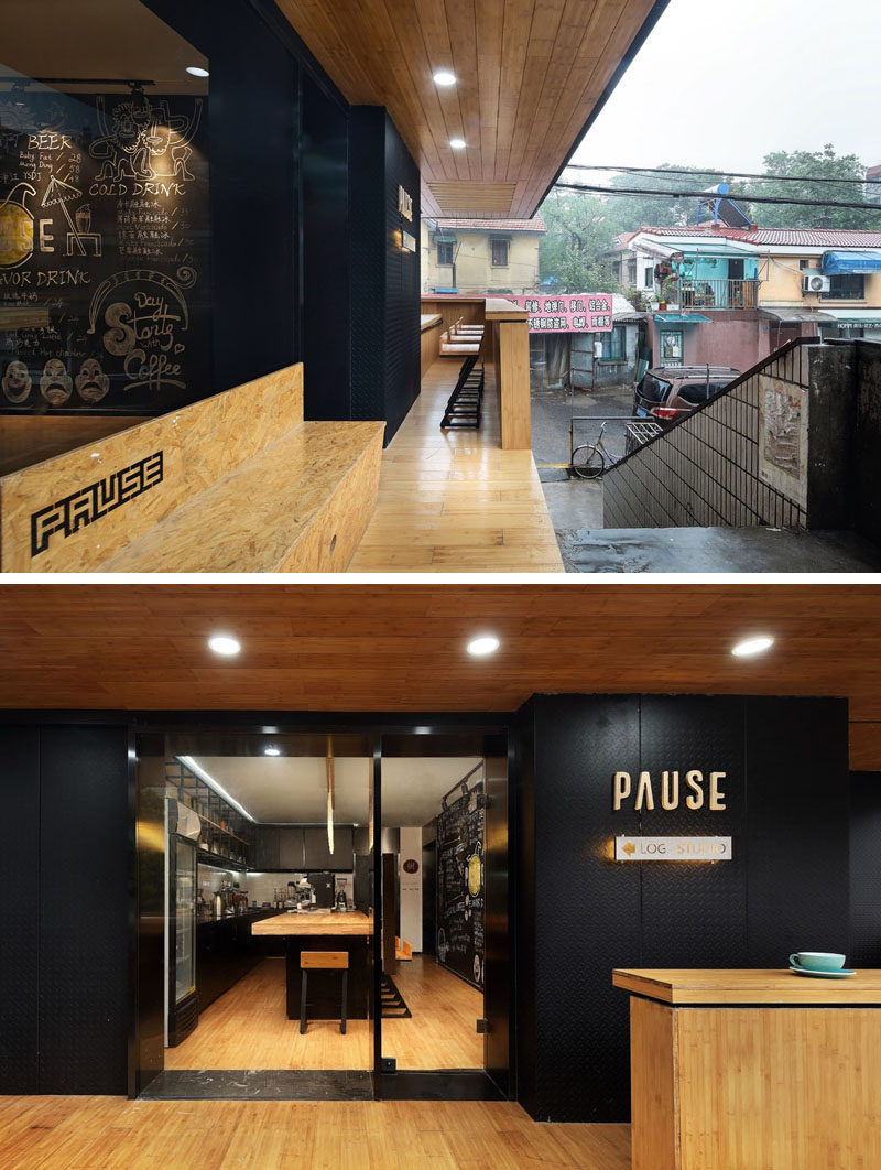 After climbing some stairs up to this modern coffee shop, there's a covered wood porch, while the cafe is defined by a black entrance. #CoffeeShop #Cafe #ModernCoffeeShop #RetailDesign #InteriorDesign