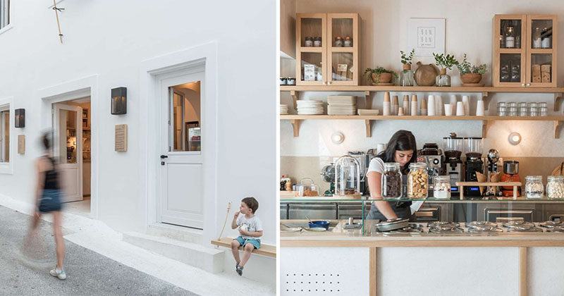 Interior Design Laboratorium have recently completed the interior design of BON BON Fait Maison, a small cafe and gelato shop in Greece, that features white plaster walls with wood accents. #RetailDesign #CafeDesign #InteriorDesign #Cafe #Greece