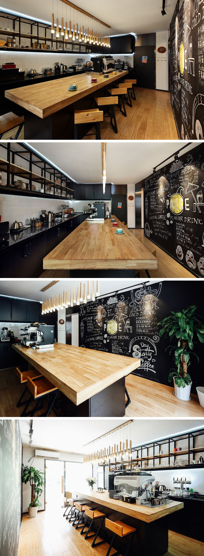 The black and bamboo theme has been carried throughout the interior of this modern coffee shop, with a thick wood countertop and wood floors / seating. Matte black cabinets and shelving compliment the black chalkboard wall on the other side of the bar. #CoffeeShop #Cafe #ModernCoffeeShop #RetailDesign #InteriorDesign
