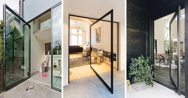 Pivoting glass doors are an alternative design idea to a more traditional door and by using glass they have the added benefit of allowing light to pass through to the interior. #Door #PivotingDoor #PivotingGlassDoor