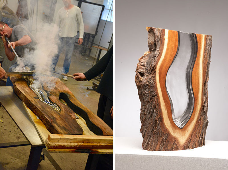Molten Glass Is Hand Blown Into These Wood Pieces To Make Contemporary Sculptures