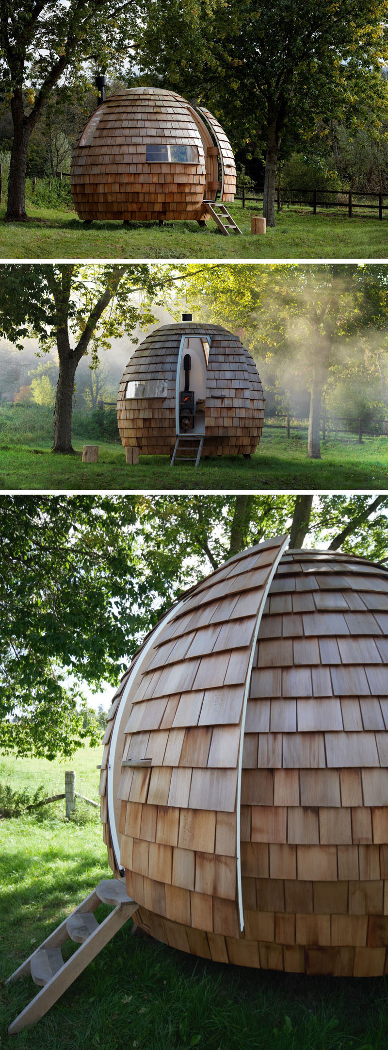 British-based designers Dominic Ash and Jeremy Fitter have joined forces to form Podmakers, and they have launched their first product, the Escape Pod, a unique shingle covered, outdoor space. #BackyardStudio #Shingles #HomeOffice