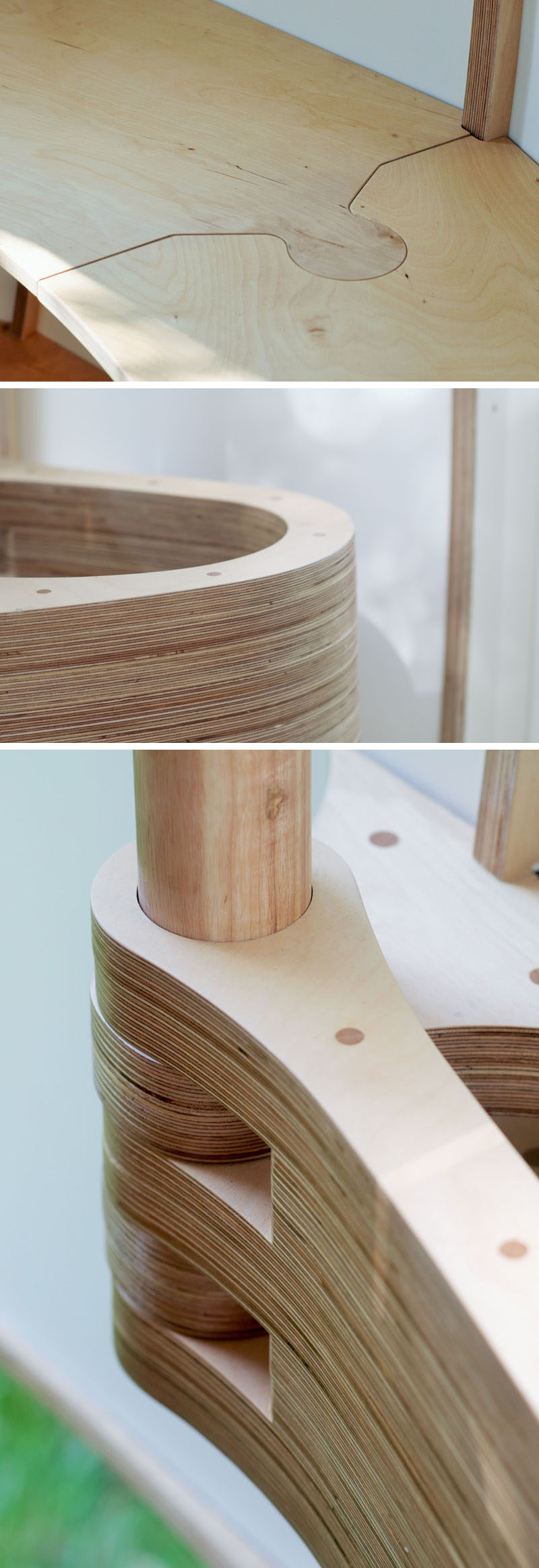 Examples of CNC milled woodwork featured in a pod-like backyard studio. #CNC #Woodworking